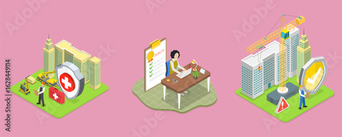 3D Isometric Flat Vector Illustration of Safety and Health at Work, Productive Working Environment