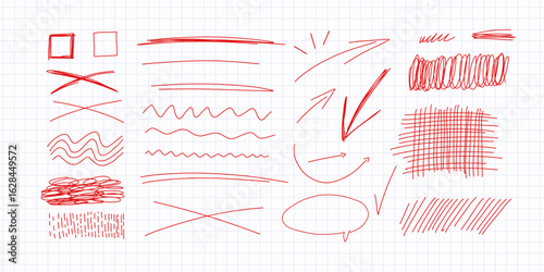 Scribble red pen marks and doodle lines set. Hand-drawn sketchy strokes, messy squiggles, arrows, underlines, and ink scribbles. Abstract texture elements for design journal decor, scrapbooking