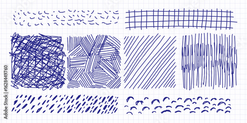 Scribble pen marks and doodle lines set. Hand-drawn sketchy strokes, messy squiggles, arrows, underlines, and ink scribbles. Abstract texture elements for design journal decor, scrapbooking