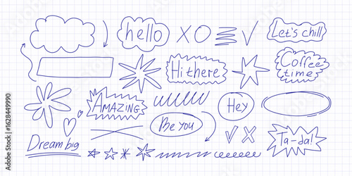 Scribble pen marks and doodle lines set. Hand-drawn sketchy strokes, messy squiggles, arrows, underlines, and ink scribbles. Abstract texture elements for design journal decor, scrapbooking