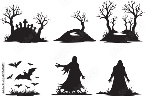 Spooky Halloween silhouettes with ghosts, bats, and haunted trees