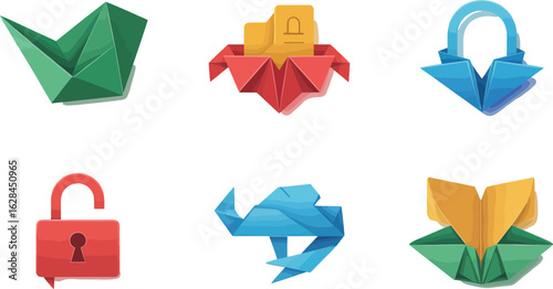 A vector illustration of a set of colorful padlocks in a unique paper-art style