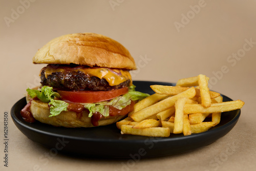 Big burger with French fries in plate, close up