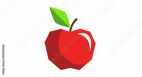 A stylized red apple with a green leaf and brown stem, depicted with a modern geometric design on a white background.
