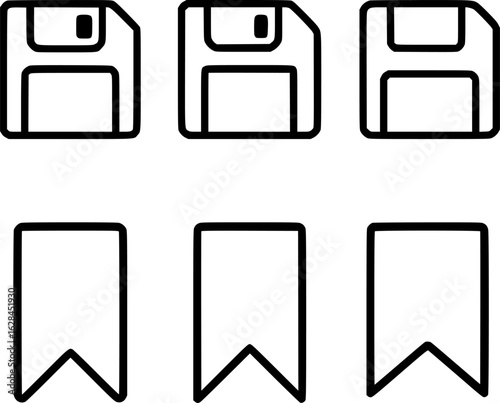 Save icon set floppy disk and bookmark symbol collection black line art 