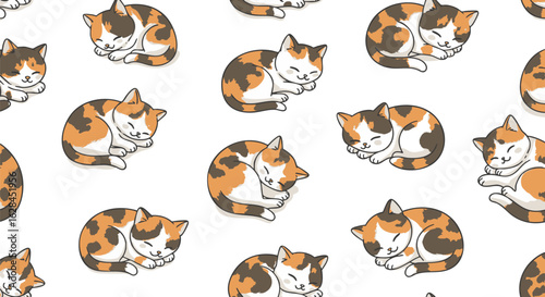 Repeating pattern of adorable calico cats sleeping peacefully on a white background.