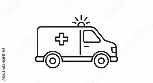 Simple black and white outline illustration of an ambulance vehicle with emergency lights.