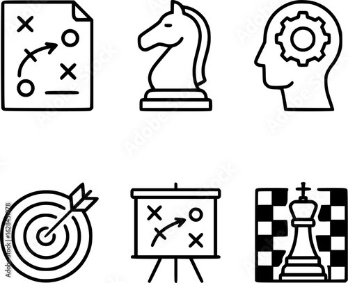 Strategy planning chess target mission concept icon set black line art on white background 