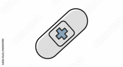 A simple illustration of a bandage with a blue cross symbol, commonly used for wound care.