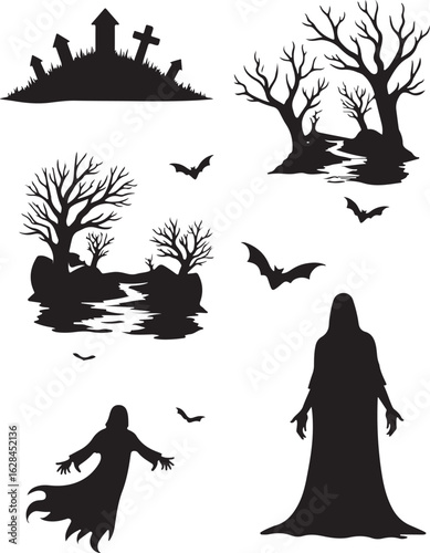 Spooky Halloween silhouettes dark eerie graveyard trees ghosts bats