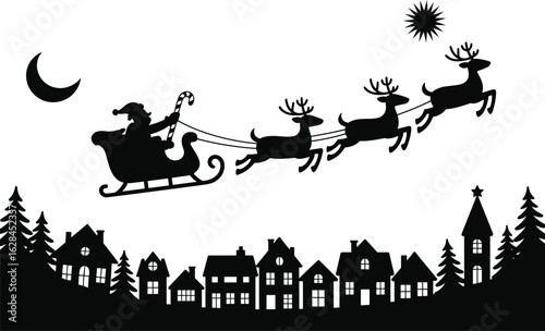 Santa Claus sleigh with reindeer over village christmas
