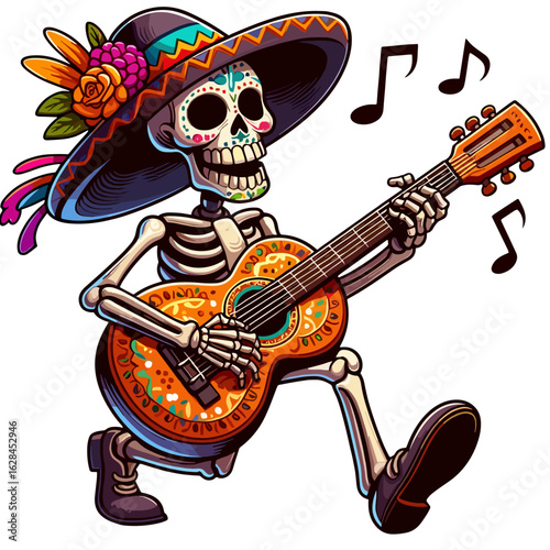 Humorous skeleton with guitar, humorous El Día de Muertos, colored vector, isolated, transparent background