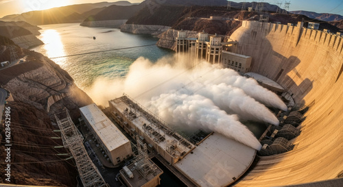 Aerial view of hoover dam releasing water with lake mead and mountains in the background at sunset