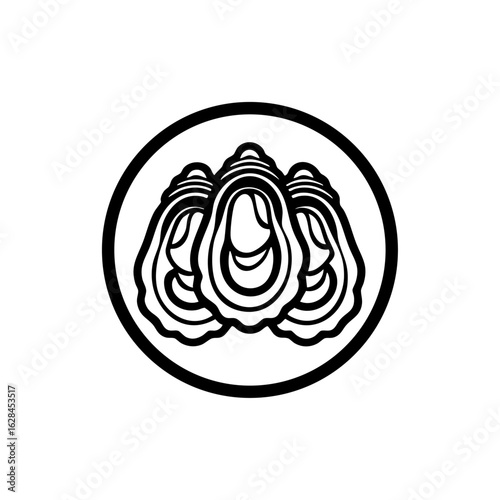 Outline icon of oysters on a round plate, representing luxurious seafood and shellfish dining in a refined black and white graphic.
