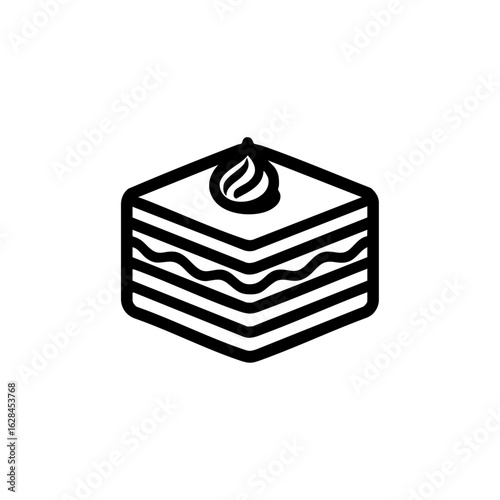 Minimalist black outline icon of a layered tiramisu dessert slice with cream on top, symbolizing sweet treats and bakery items.

