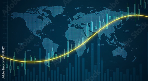 A digital graphic of a blue world map with an overlay of a glowing yellow financial graph and charts.