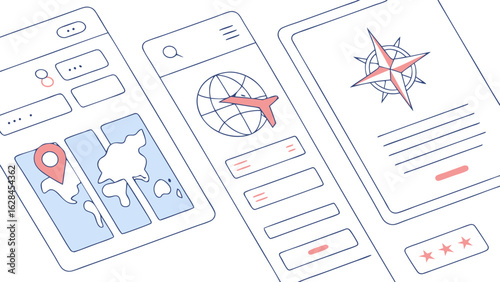 Modern flat design illustration of travel app interfaces showcasing navigation maps flight booking and destination discovery with compass and star ratings
