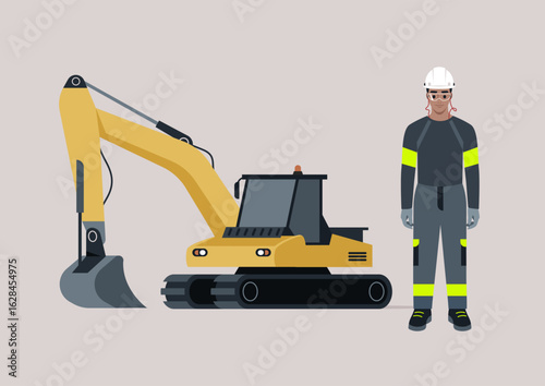A dedicated construction worker stands beside a modern excavator, ready to dig and prepare the ground