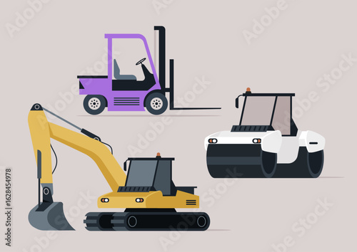 Construction machines including an excavator, a forklift and a roller are actively working on a dynamic urban project, showcasing the synergy of technology and skilled labor in construction tasks