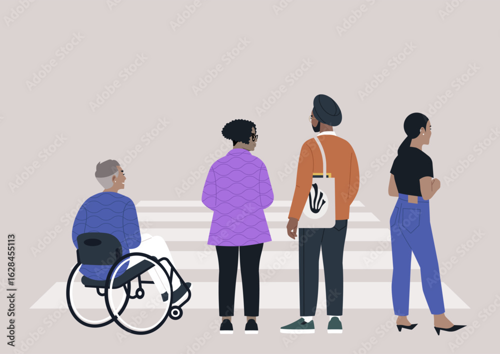 Obraz premium A lively urban crossing filled with a diverse group of pedestrians, including individuals in a wheelchair, waiting to cross as city life buzzes around them during daylight hours