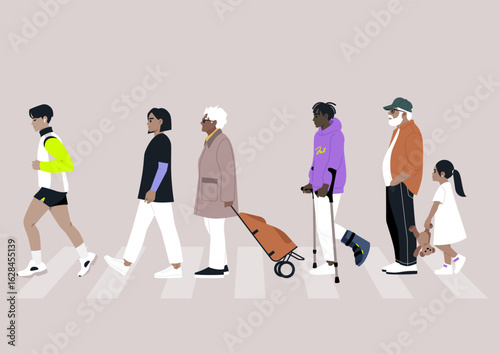 Six unique individuals cross the street with purpose, embodying diversity and connection amid the urban landscape, each carrying their stories and experiences