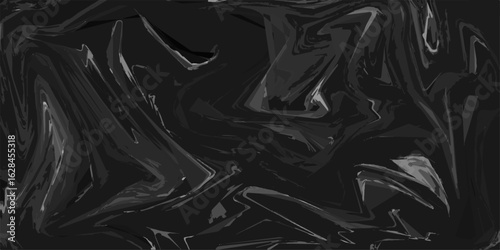 Abstract dark fluid background composed of swirling black and grey tones. Marbled texture features glossy, wave-like distortions and a liquid-like flow. 