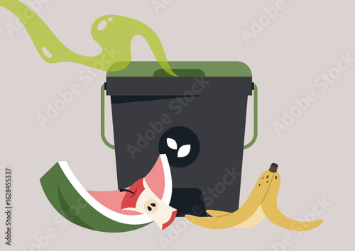 Strong odors waft from a compost bin overflowing with decaying organic matter including watermelon rinds and overripe bananas, illustrating the reality of waste management in urban areas