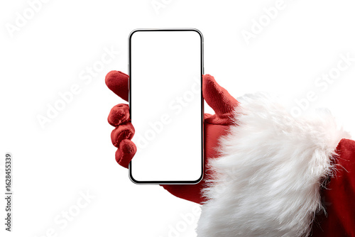 Santa Claus holding a smartphone with blank screen. Christmas, mobile app, technology, festive