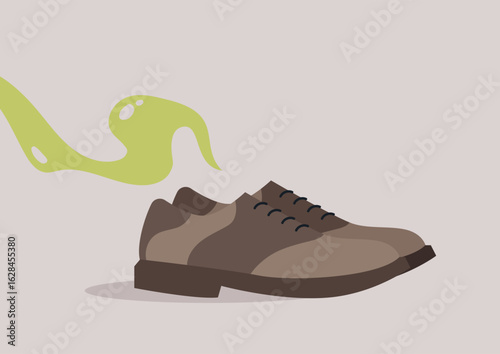 Smelly shoes rest on a flat surface, releasing colorful vapors that illustrate their distinctive and potent scents in a quirky indoor atmosphere