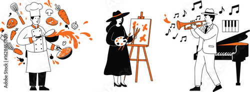 CAD drawing flat vector illustration, chef artist musician character, culinary painting music skills, creative professions concept, cultural talent expression