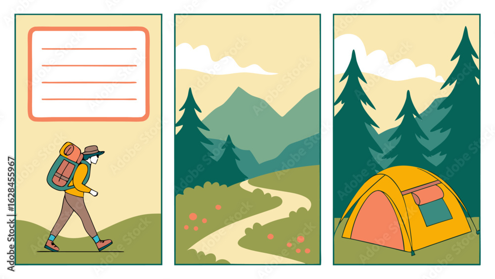Fototapeta premium A triptych of outdoor adventure featuring a hiker a winding path through mountains and a campsite with a tent
