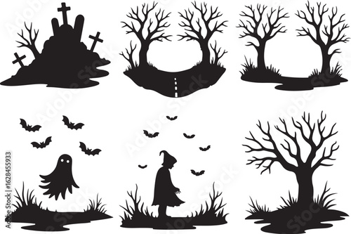 Spooky Halloween silhouettes featuring ghosts, bats, and trees