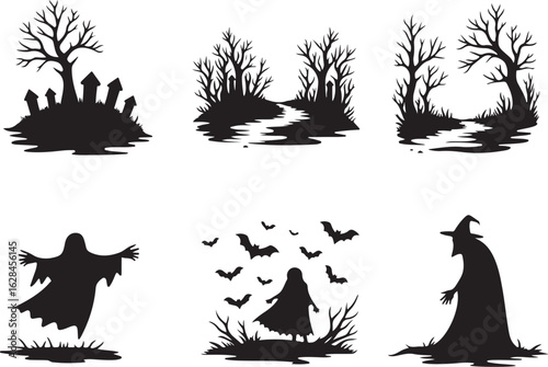 Spooky Halloween silhouettes: ghosts, bats, witch, haunted trees