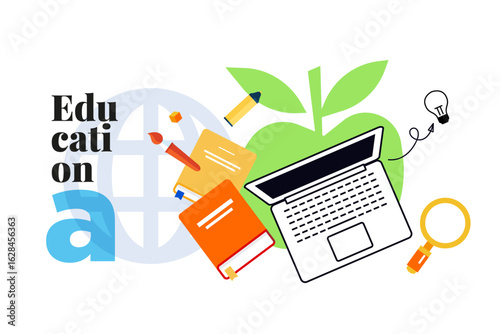 Education. Creative vector illustration for web banner, social media, business presentation, marketing material. Back to school. Distance education, online learning.