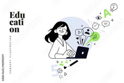 Education. Creative vector illustration for web banner, social media, business presentation, marketing material. Back to school. Distance education, online learning.