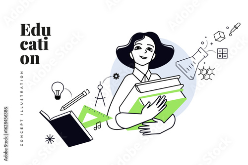 Education. Creative vector illustration for web banner, social media, business presentation, marketing material. Back to school. Distance education, online learning.