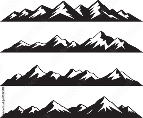 Set of Four Black Mountain Range Silhouettes on White Background