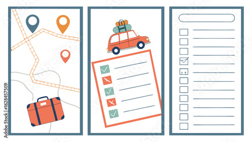 Planning a trip involves checking locations on a map packing a car and creating a detailed checklist for a successful journey