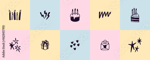 Set of cute hand drawn doodle happy birthday greeting cards, kid party invitations, funny badges, tags, labels, childish posters. Crayon scribbles whimsical vector illustration. Confetti, cake drawing