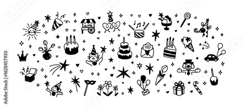 Set of hand drawn cute line doodle kid birthday icons. Childish crayon scribbles. Celebration cake with candles, funny clown, giraffe, monkey congratulating new born. Party invitation background