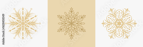 Set of golden Merry Christmas and Happy New Year festive posters with snow flakes. Winter greeting card, tag, banner, stamp, invitation, label design. Fancy luxury line art sparkle snowflakes