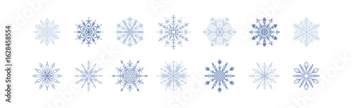 Set of cute blue silver snow flakes on white background. Winter cold, crystal ice, frozen concept. Line snowflakes hand drawn icons. Merry Christmas and Happy New Year design. Festive border