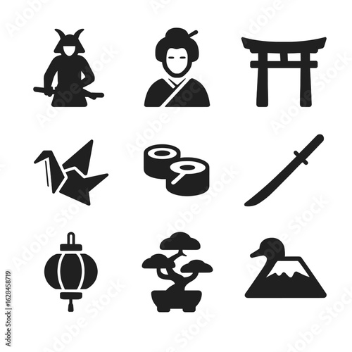 A collection of glyph icons featuring classic Japanese cultural elements, including samurai, geisha, torii gate, and sushi.