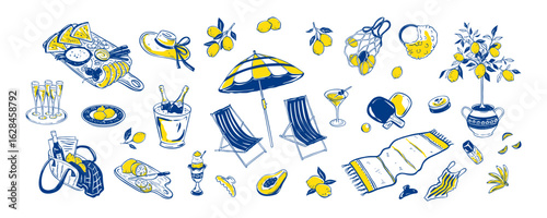 Set of doodle summer essentials. Capri, Italy, France, Positano, Amalfi vacations. Blue and yellow lemon background. Woman bachelorette party with champagne, cocktail, martini, charcuterie board