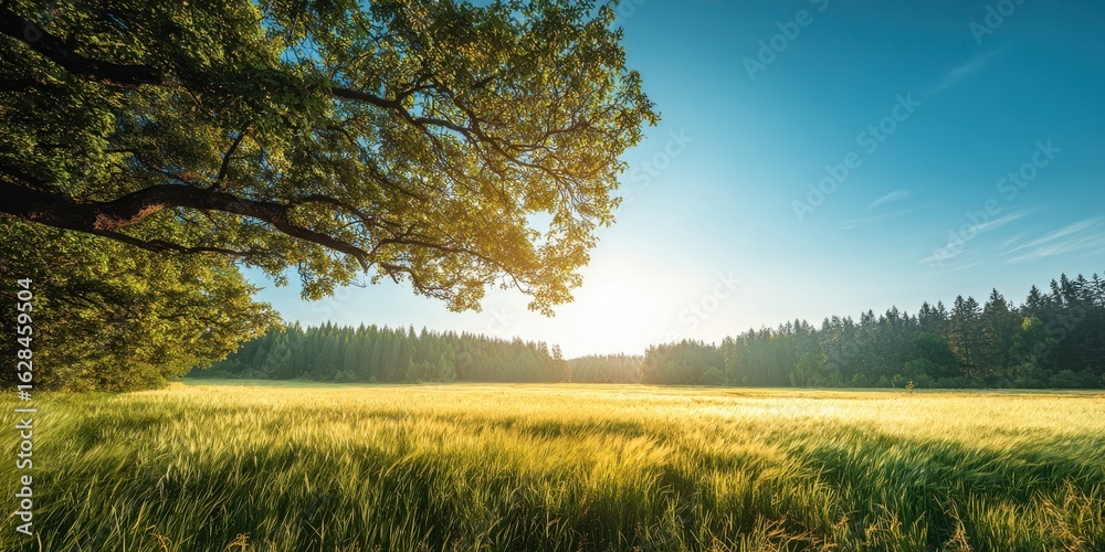 Obraz premium The serene landscape of a sunlit field under clear blue skies