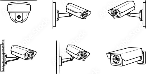 Set of black outline vector icons of surveillance cameras in various angles, ideal for security, monitoring, and technology-themed designs.