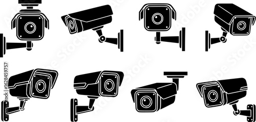 Set of black outline vector icons of surveillance cameras in various angles, ideal for security, monitoring, and technology-themed designs.