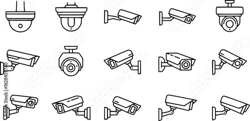 Set of black outline vector icons of surveillance cameras in various angles, ideal for security, monitoring, and technology-themed designs.