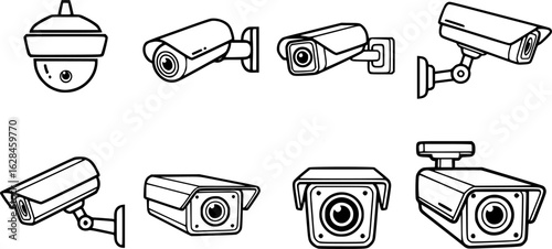 Set of black outline vector icons of surveillance cameras in various angles, ideal for security, monitoring, and technology-themed designs.