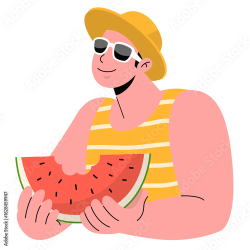 A man eat the watermelon illustration, summer beach vector doodle